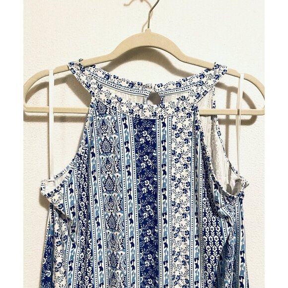 LOFT Dress Womens Large Blue Paisley Tiered Halter Swing Jersey Beachy Boho - Picture 2 of 6